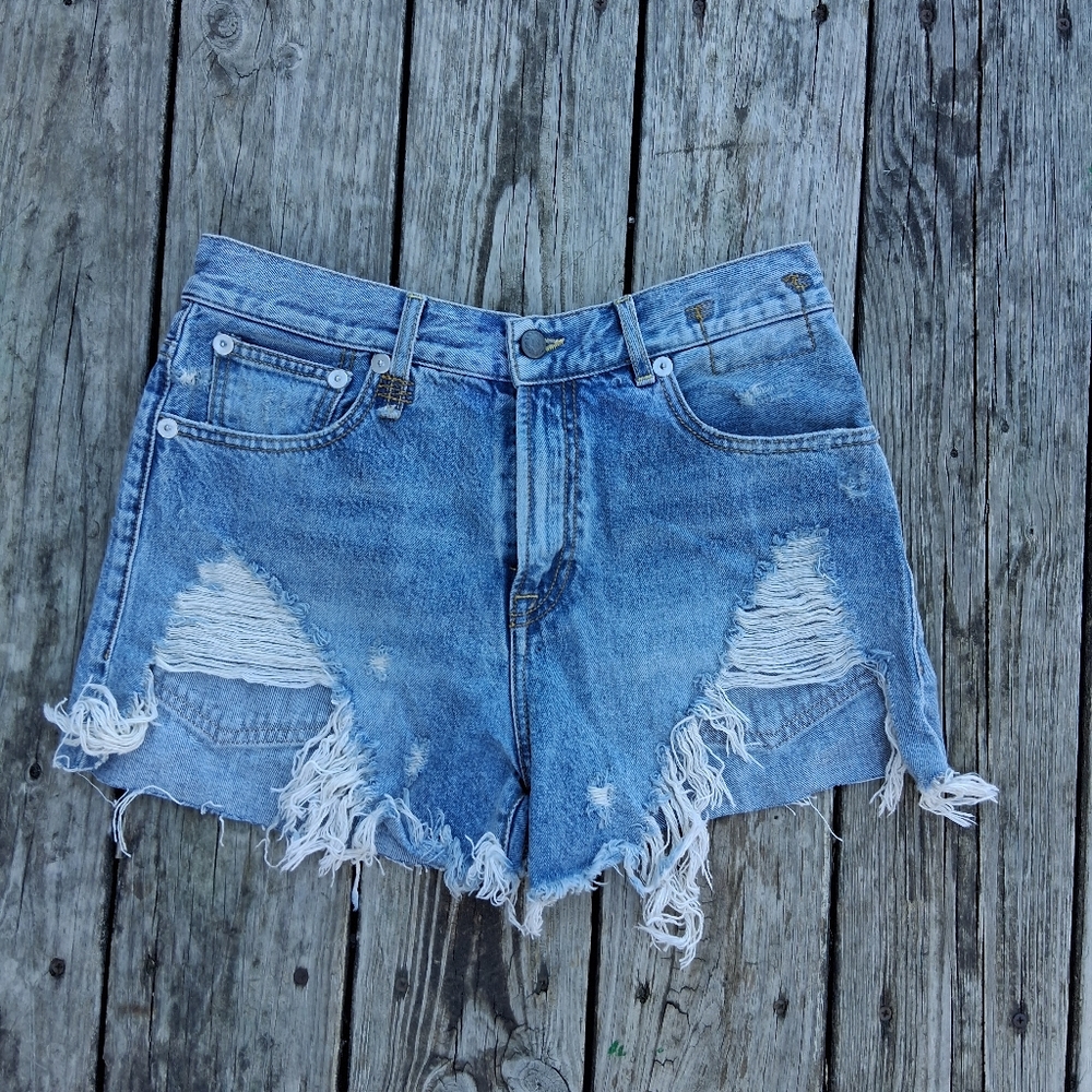 R13 Distressed Denim Cut-Off Shorts | Frayed Hem Ripped Jean Shorts | Size 29